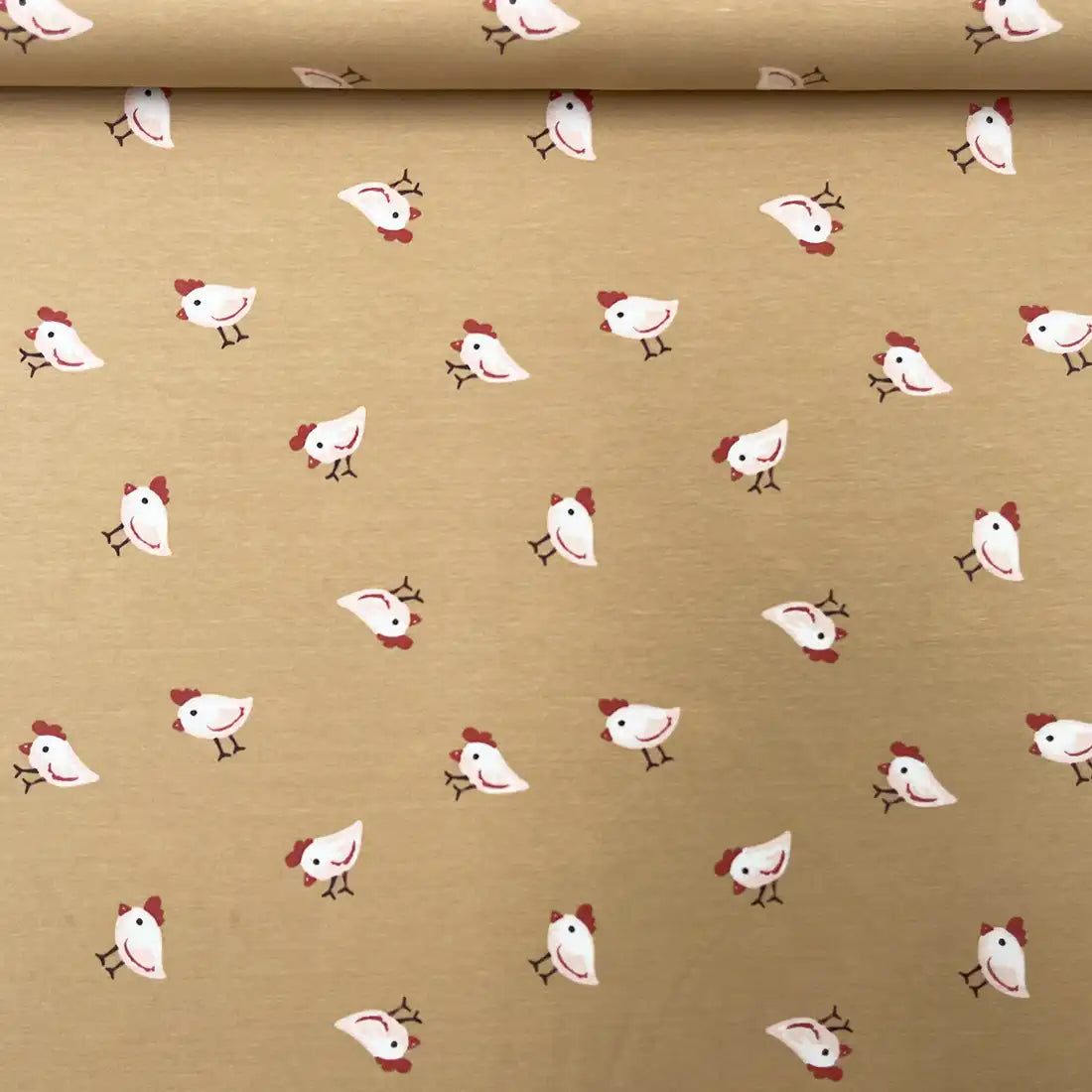 Jersey Coton Ludique – Petites Poules sur Fond Neutre