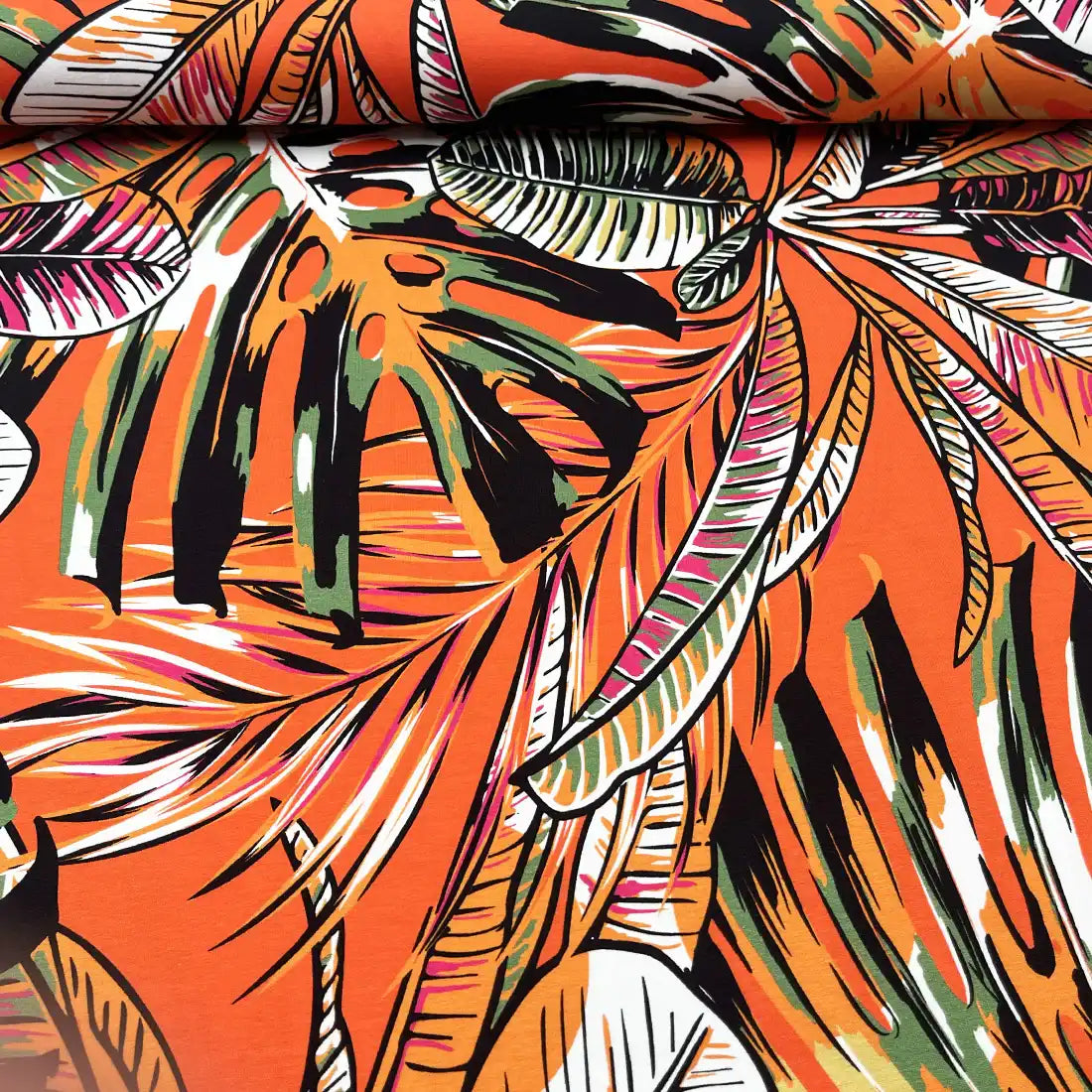 Jersey imprimé tropical – Orange vif, vert et noir