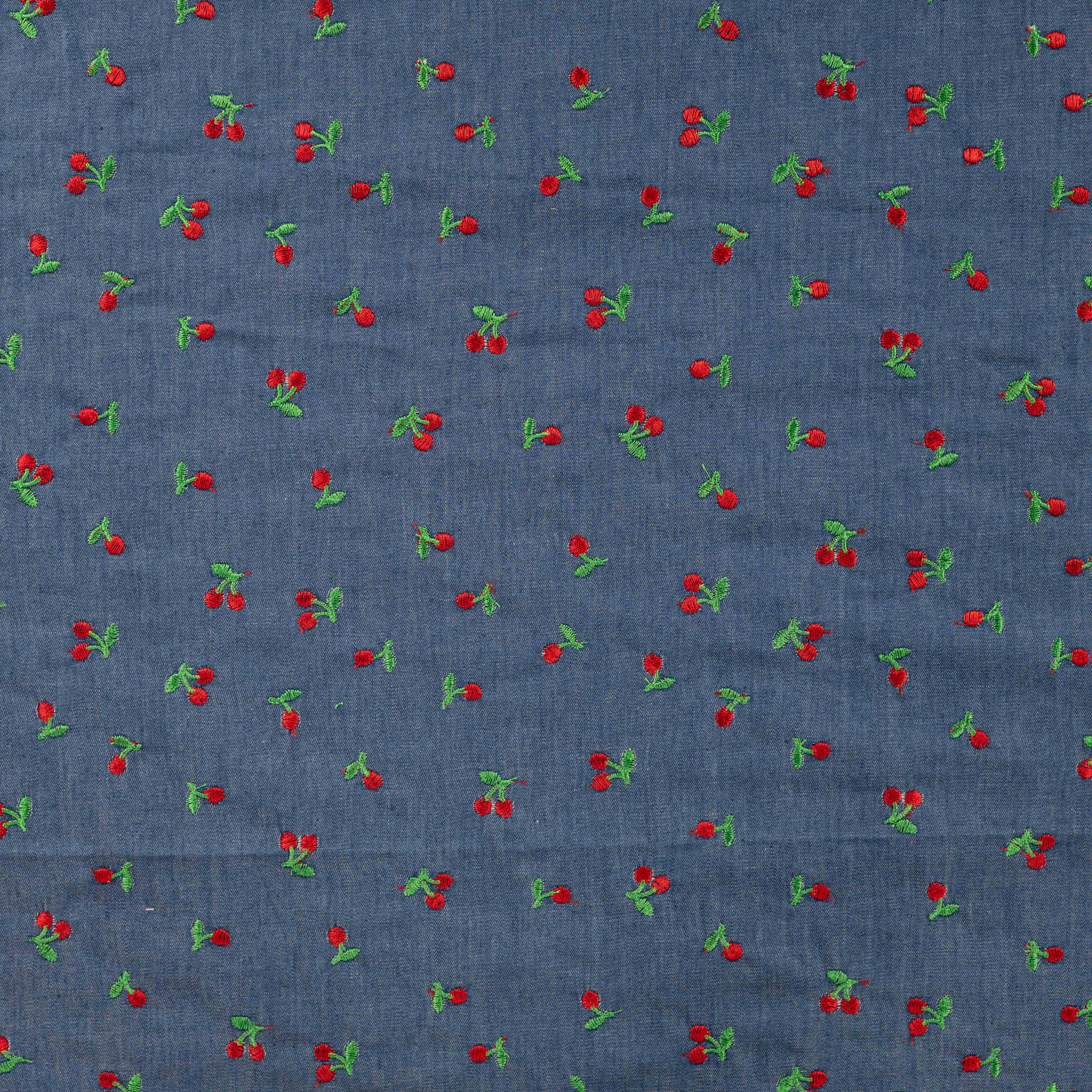 Tissu jean fin à broderie cerise