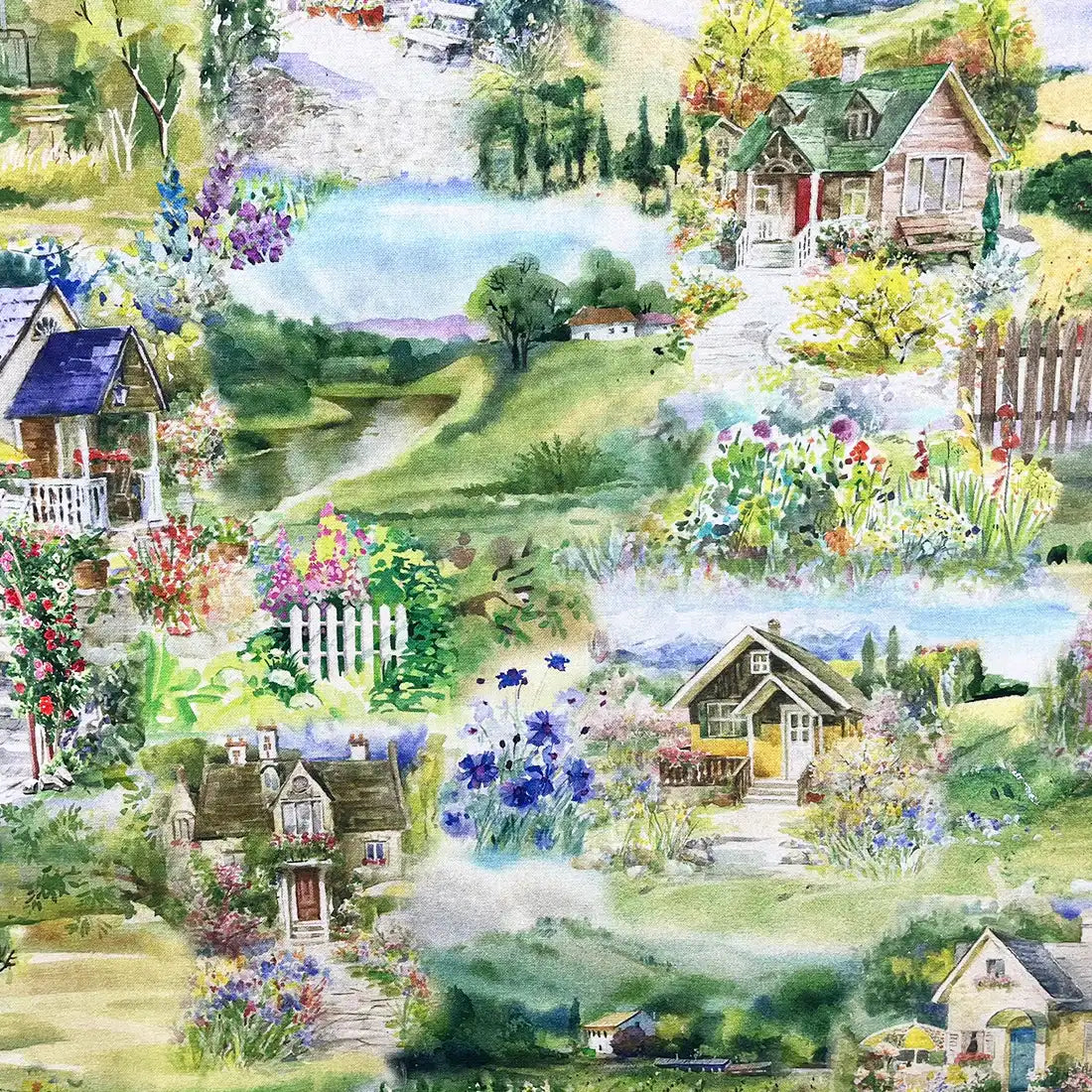 Tissu Canvas Coton – Maisons Fleuries Champêtres