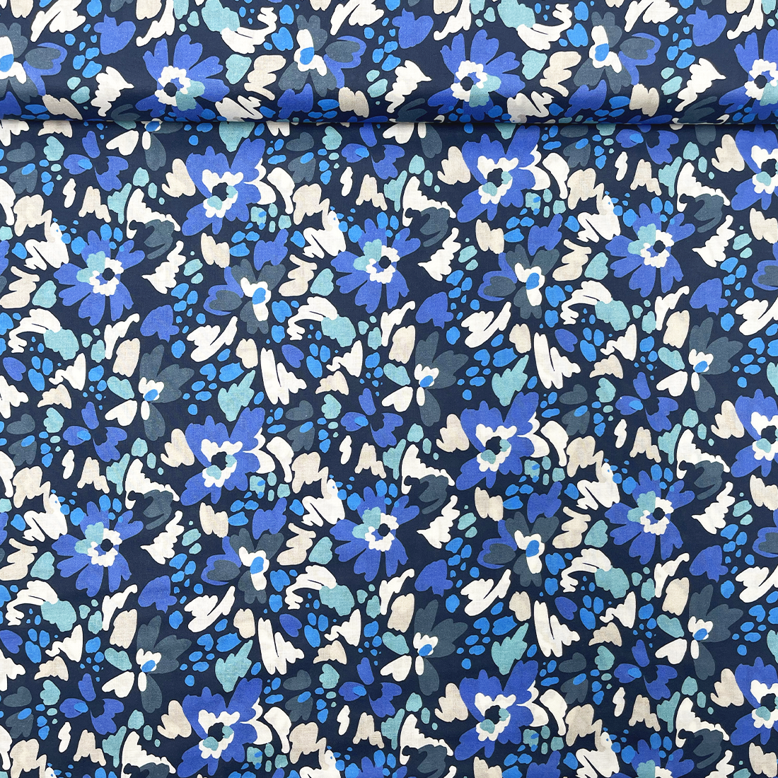 Tissu Fleuri Coton – Fleurs Graphiques Bleues et Vert d’Eau