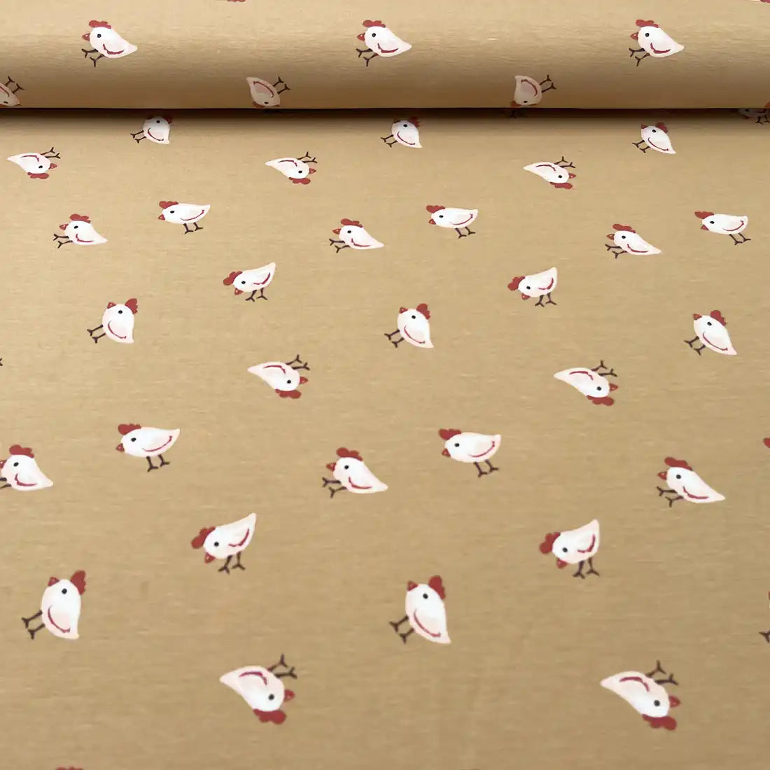 Tissu Jersey Enfant – Poulettes Rigolotes sur Fond Taupe