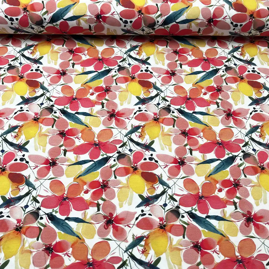 Tissu Jersey de Punto fleurs rouges et jaunes – Tissu solaire