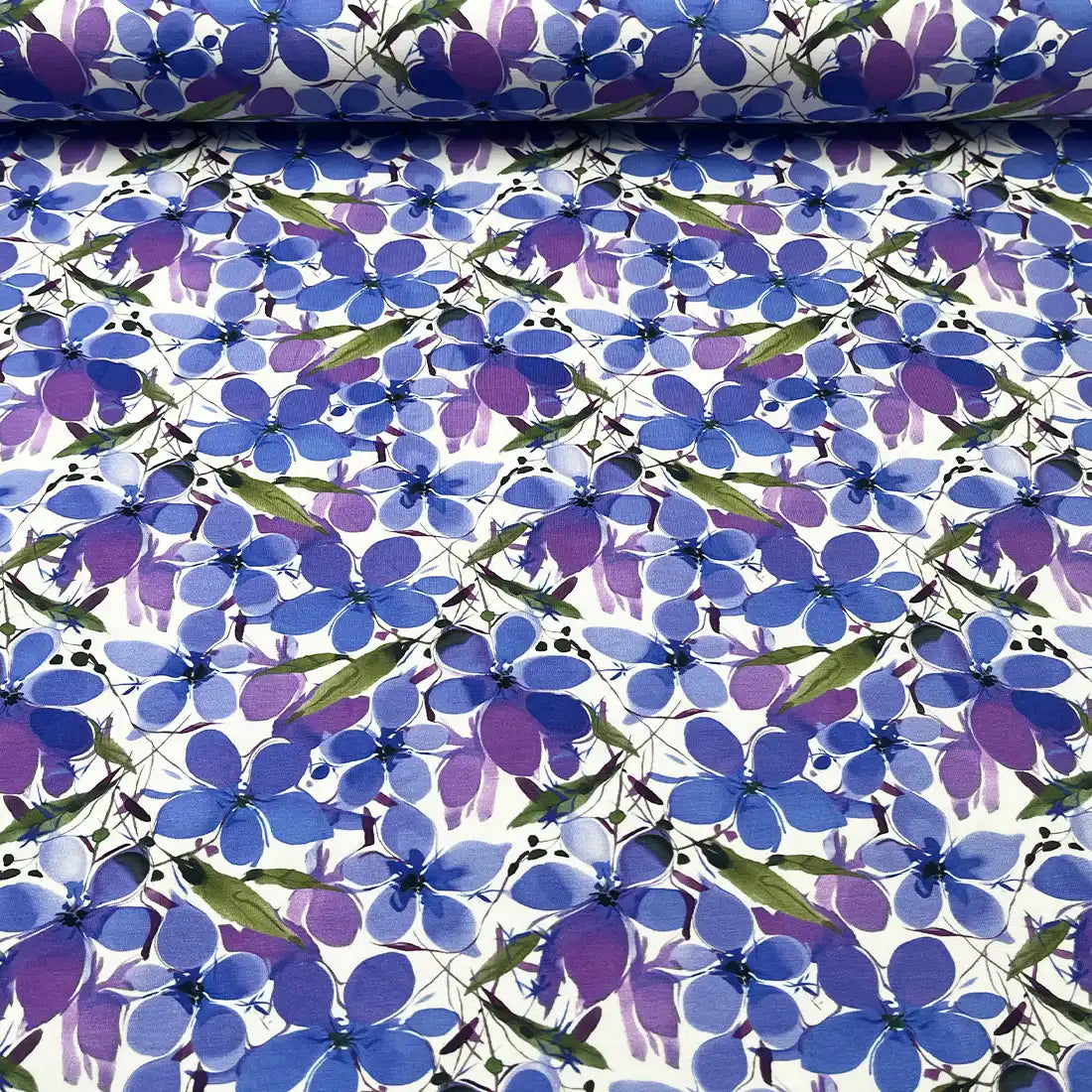 Tissu Jersey de Punto fleurs violettes et bleues – Création florale