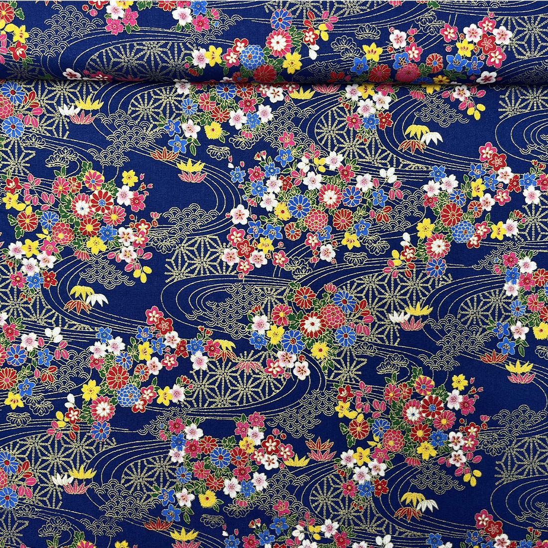 Tissu Popeline Motif Floral Japonais Bleu – Raffiné et Léger