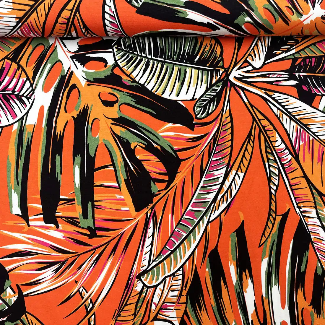 Tissu extensible tropical orange – Jersey feuillage graphique