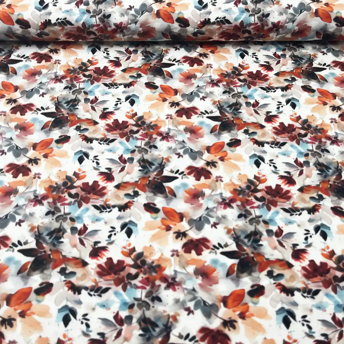 Tissu jersey automnal aux feuilles rouges, oranges et jaunes – Douceur et confort