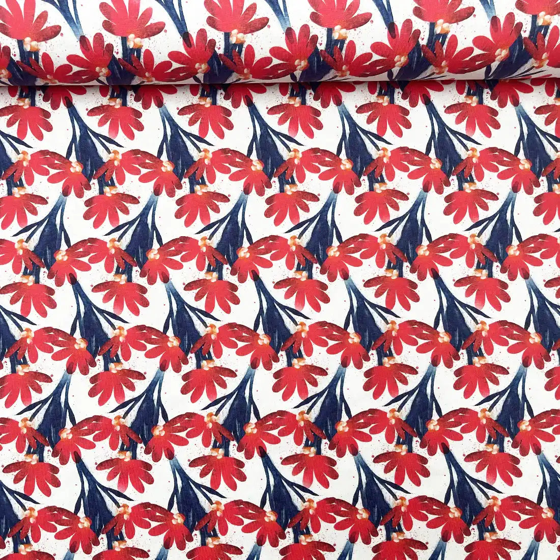 Tissu jersey floral rouge et bleu