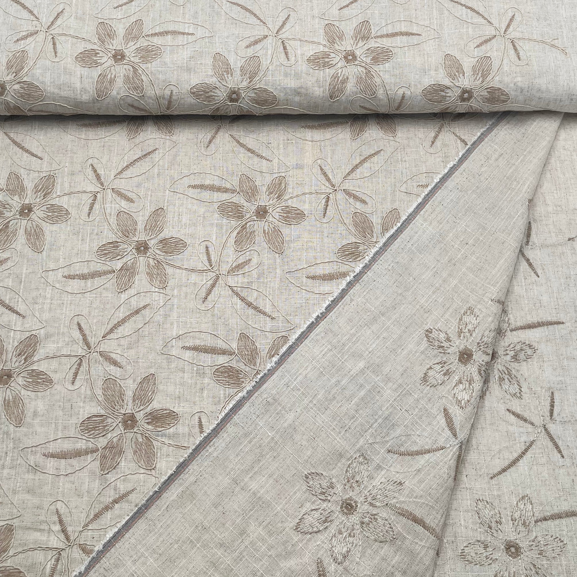 Tissu lin viscose beige avec broderie fleurs