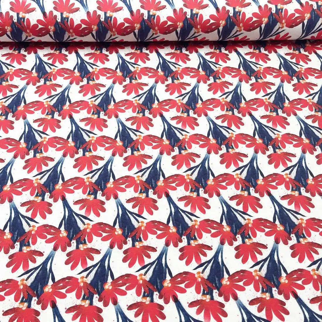 Jersey à fleurs rouges et feuillage bleu