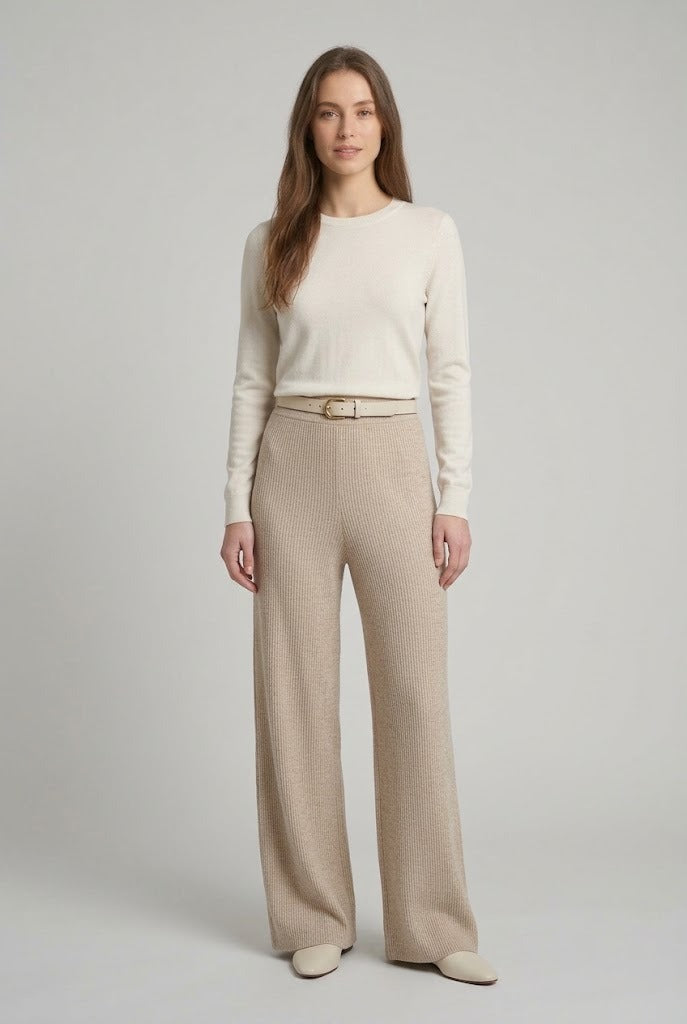 Pantalon fluide en maille tricot beige chiné