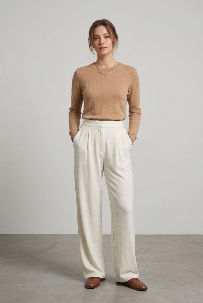 Pantalon fluide en maille tricot écru