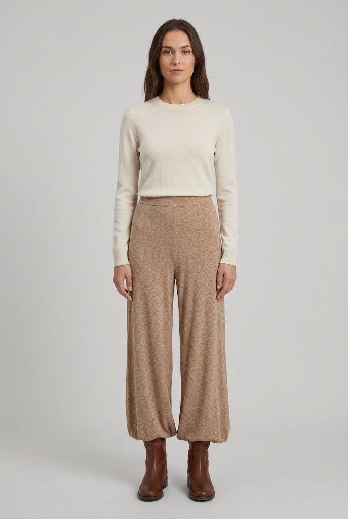Pantalon large en maille tricot noisette chiné