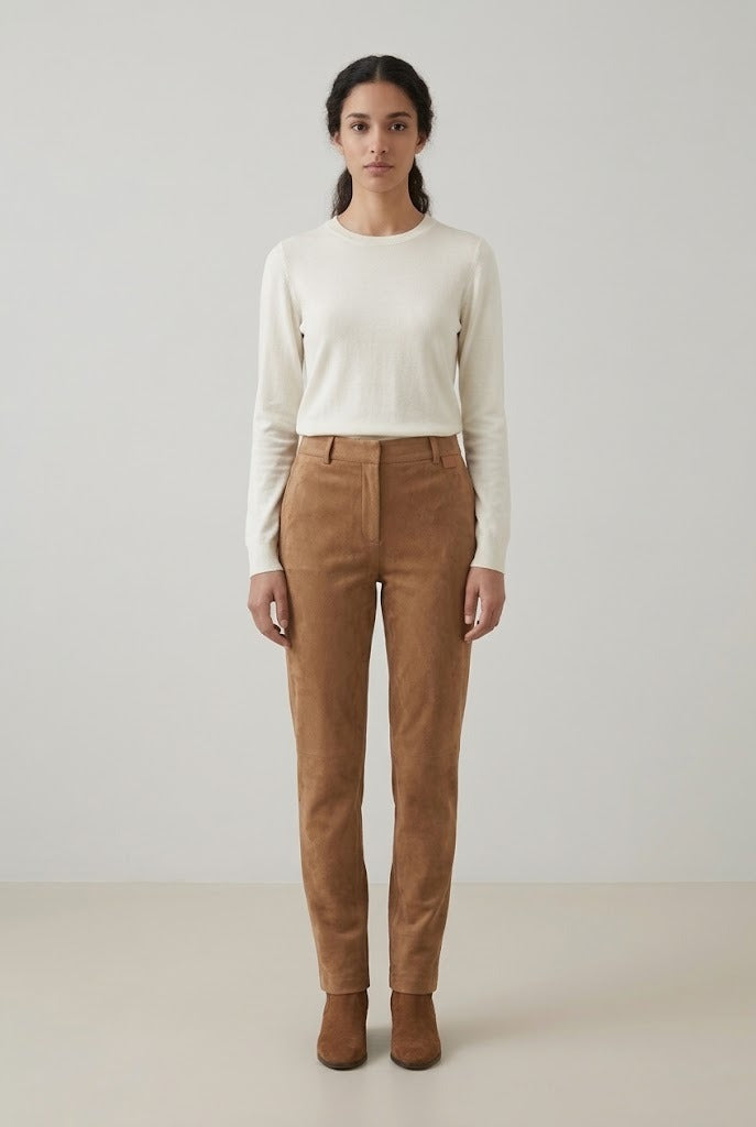 Pantalon droit en suédine stretch camel