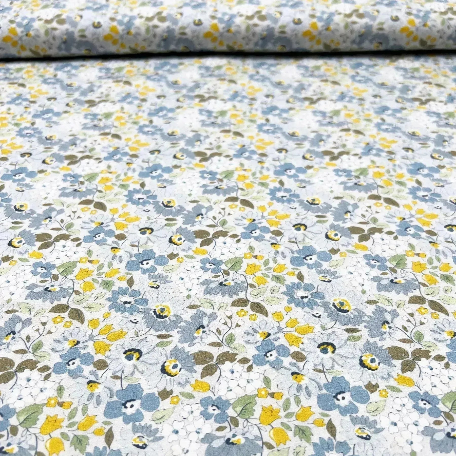 Popeline bio coton fleurs bleu et jaune