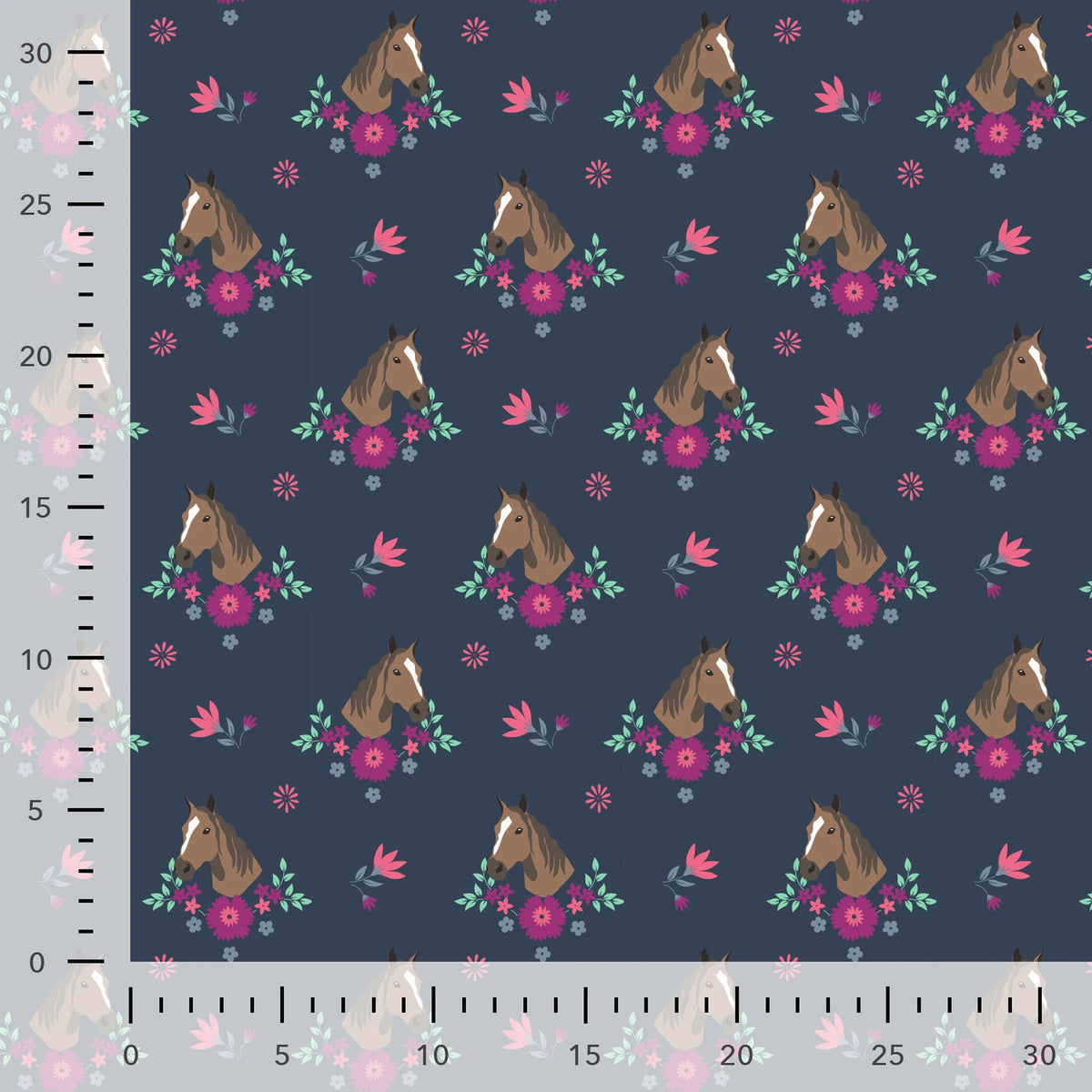 Taille du motif de la popeline chevaux fleuris bleu marine