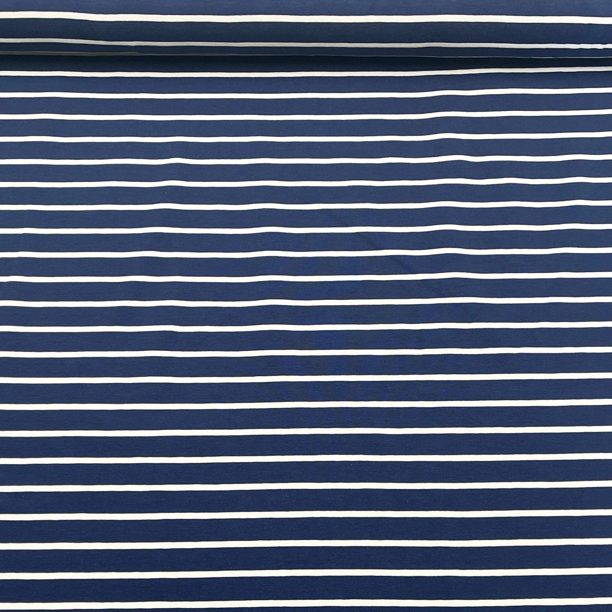 Tissu Jersey Coton ligné marin bleu