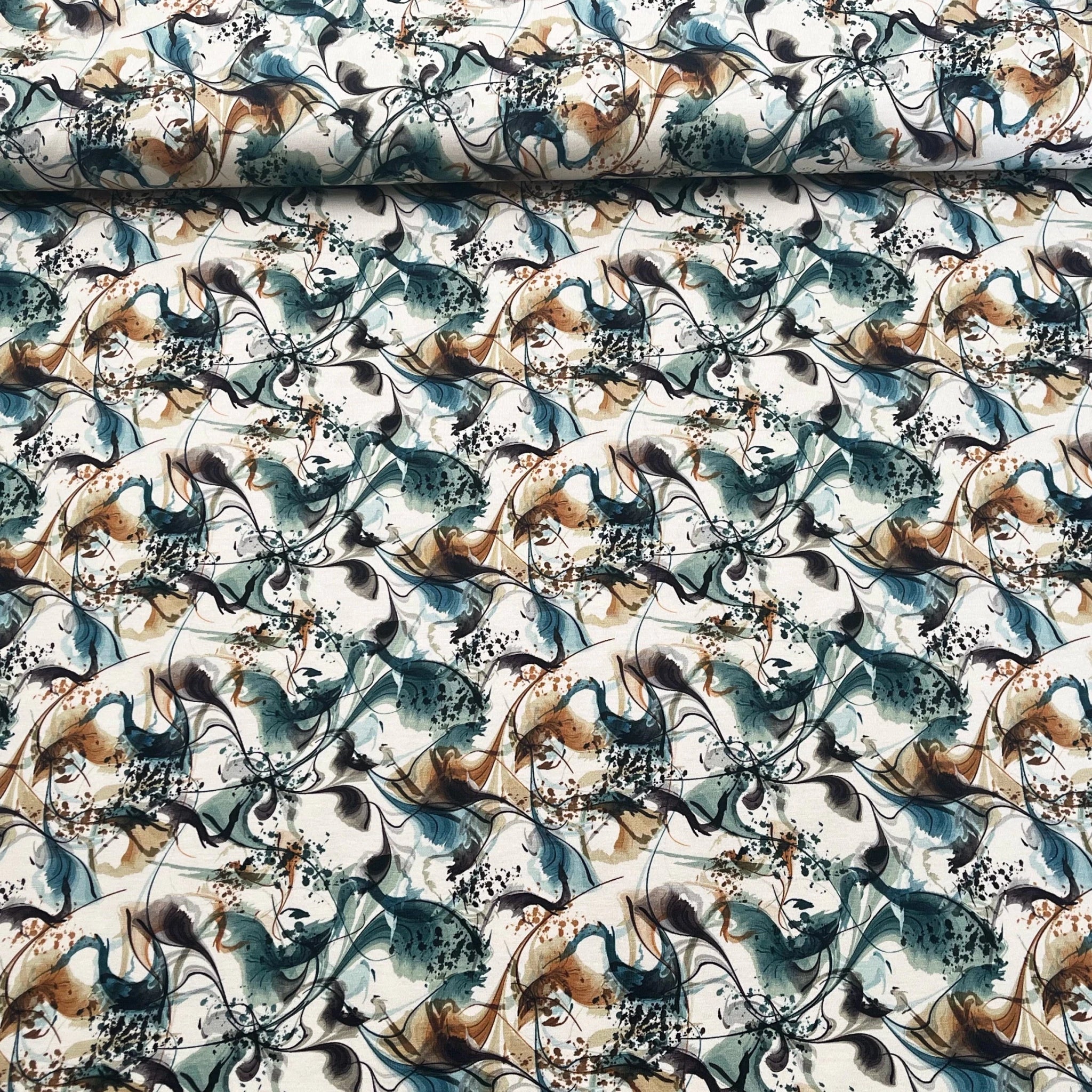 Tissu jersey de coton abstrait bleu et marron
