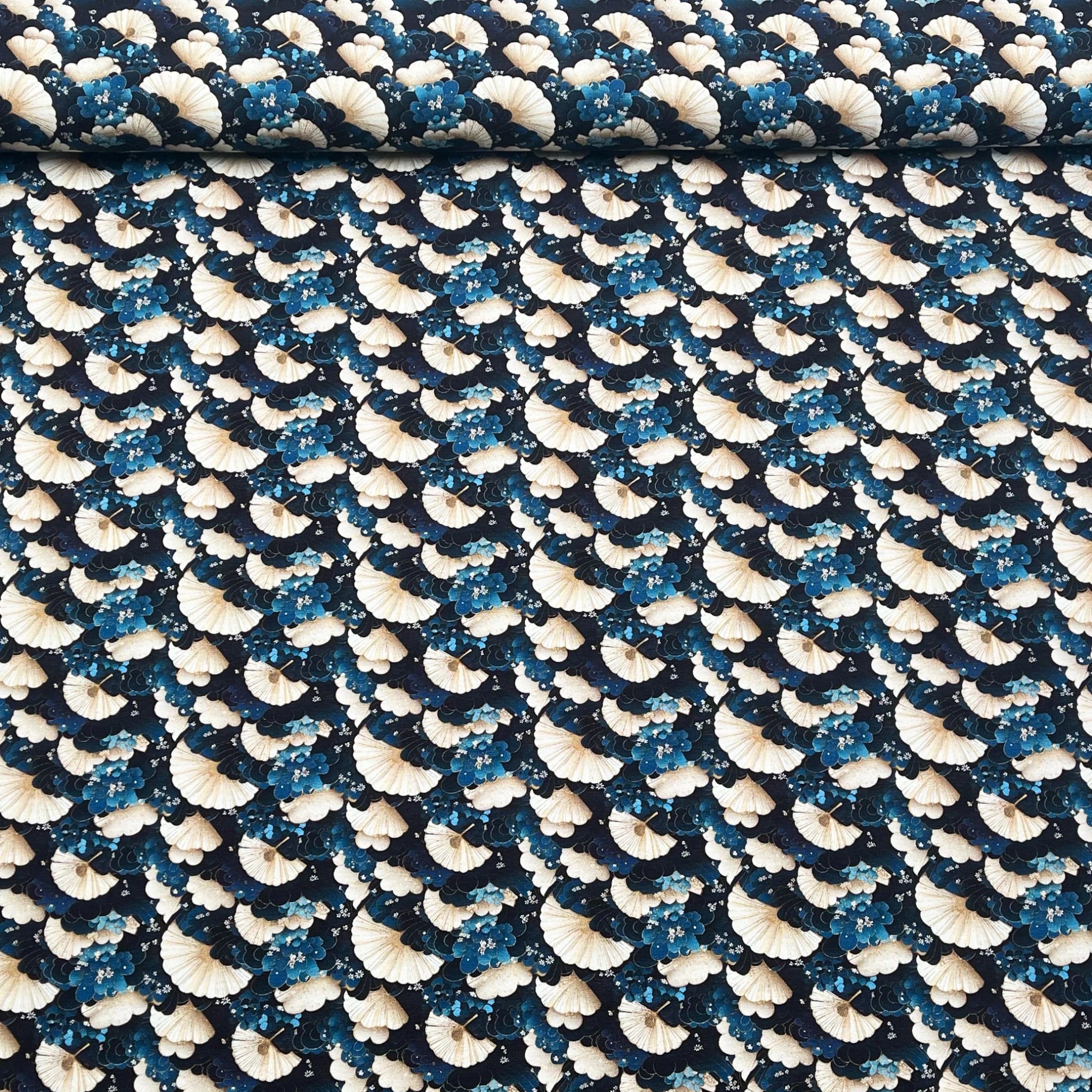 Tissu Jersey de Coton éventails japonais bleus