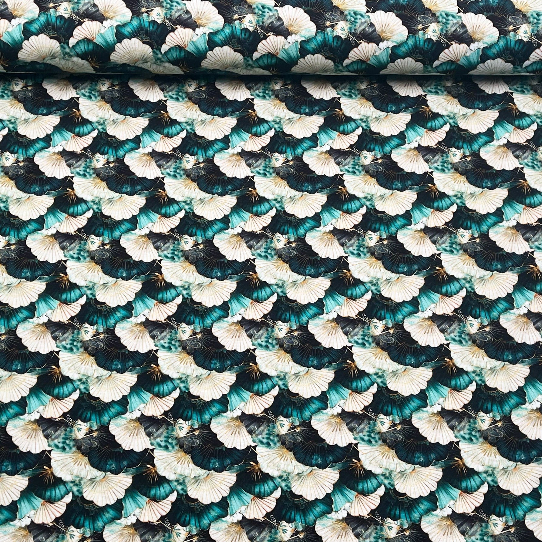 Tissu Jersey de Coton éventails japonais vert d'eau
