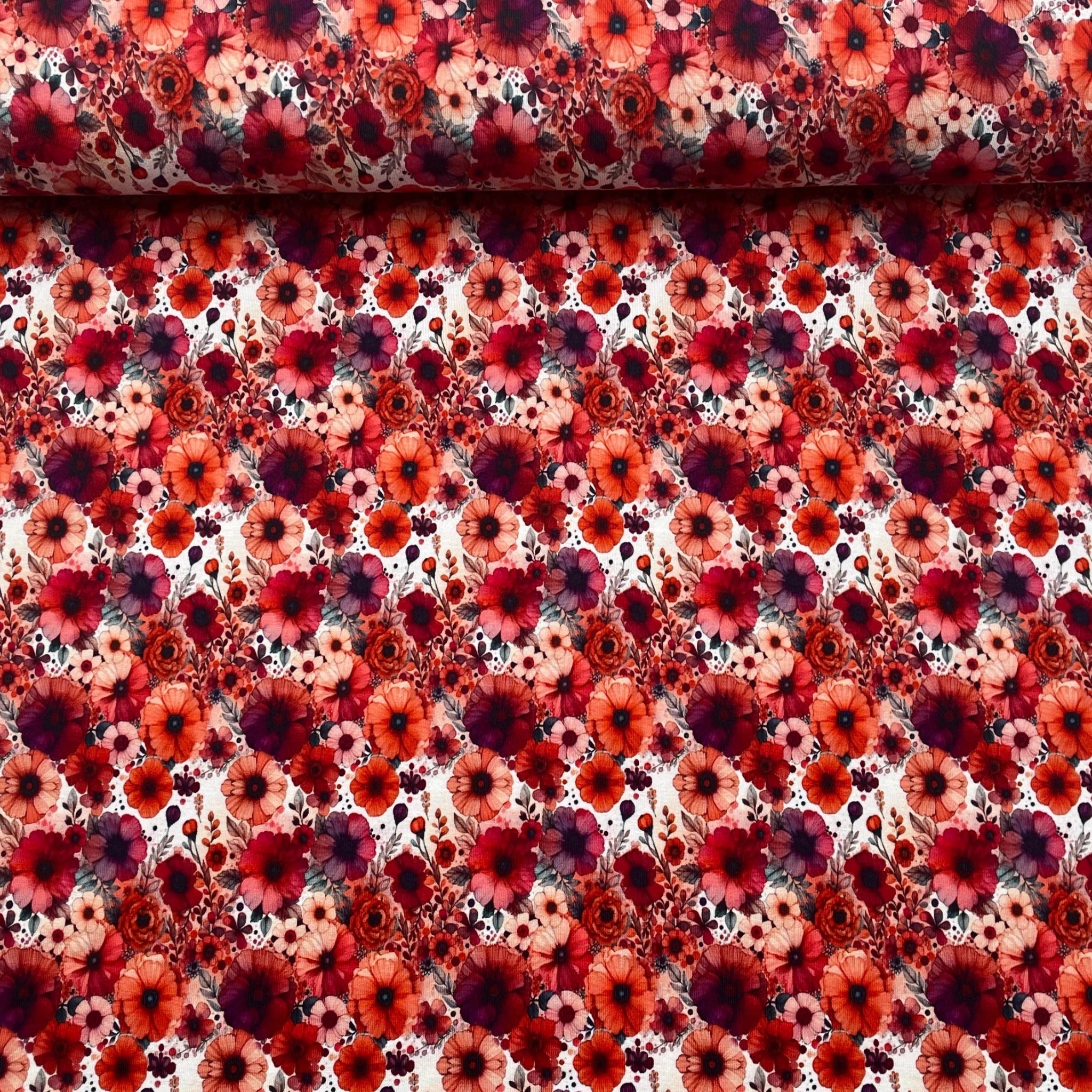 Tissu Jersey de Coton jardin de fleurs rouge