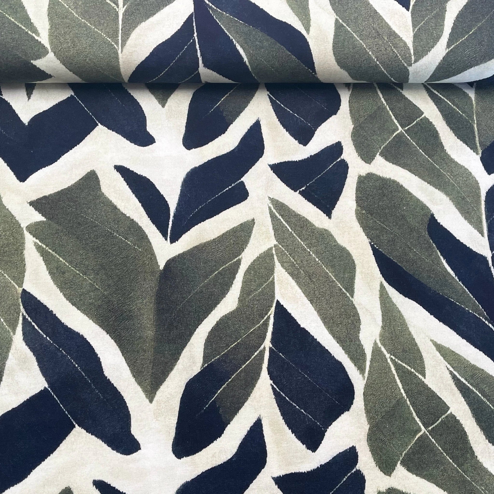 Tissu Jersey French Terry Feuilles vert et bleu