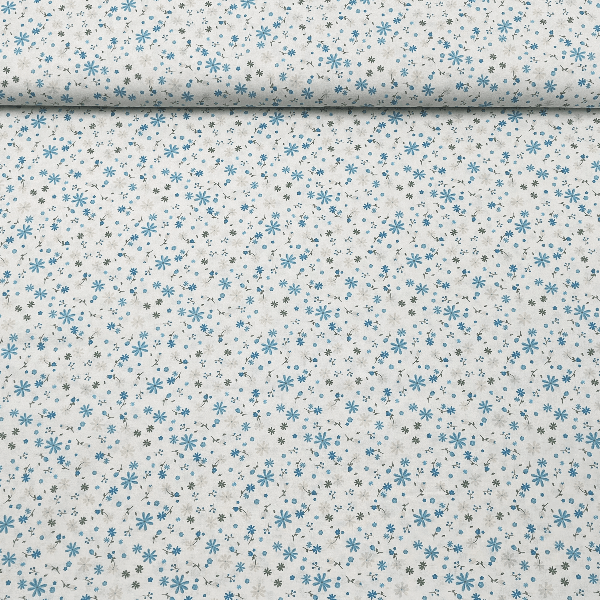 Tissu Popeline de coton fleurs bleues et vertes