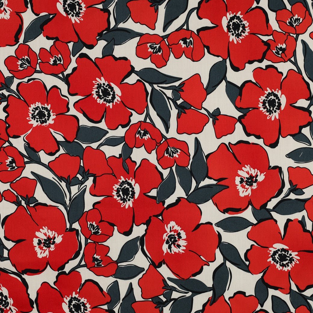 Tissu satin de coton à fleurs rouges