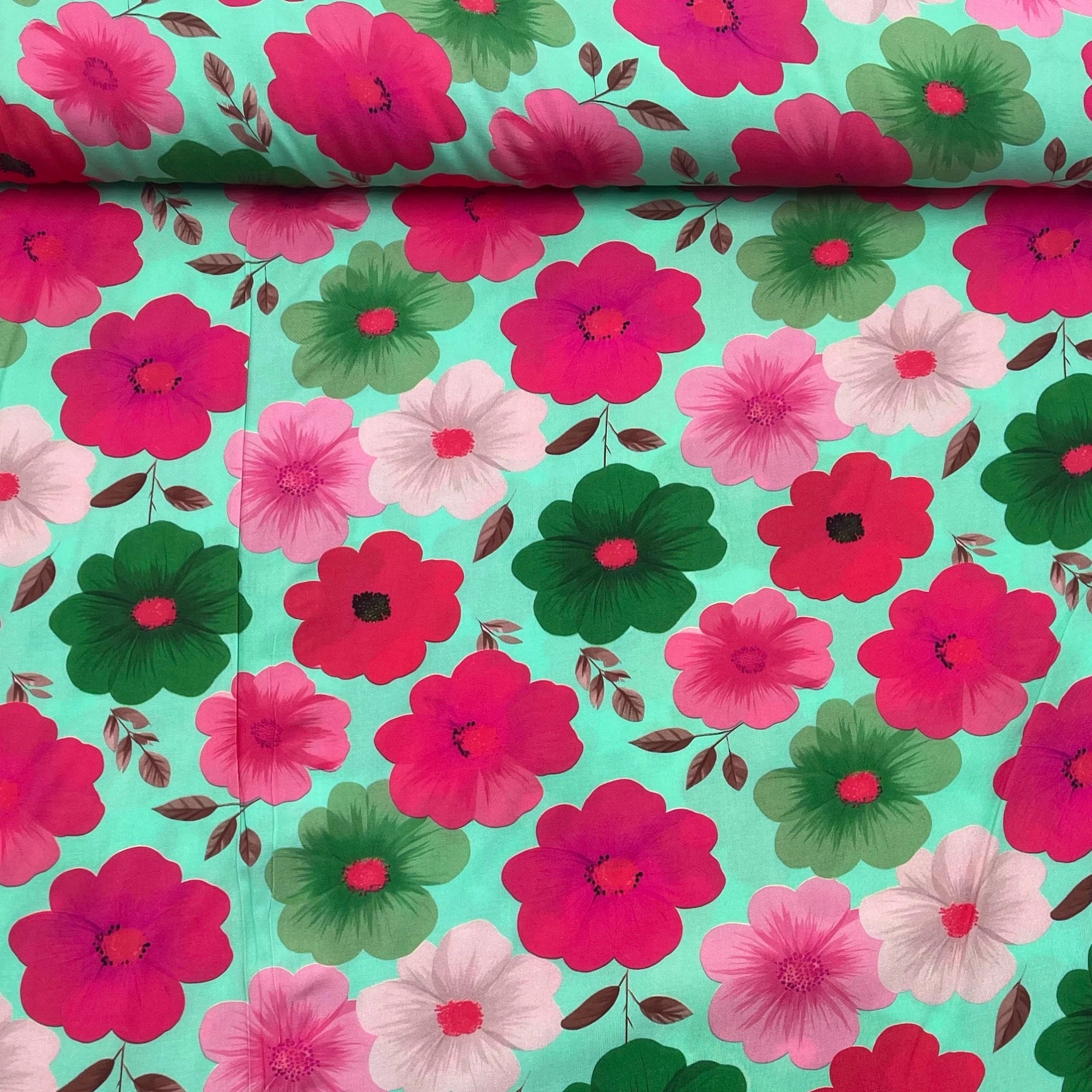 Tissu viscose jardin fleuri menthe et rose