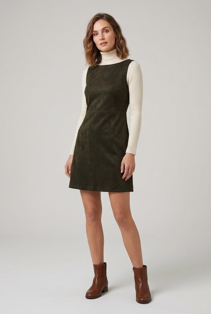 Robe chasuble en suédine stretch kaki foncé