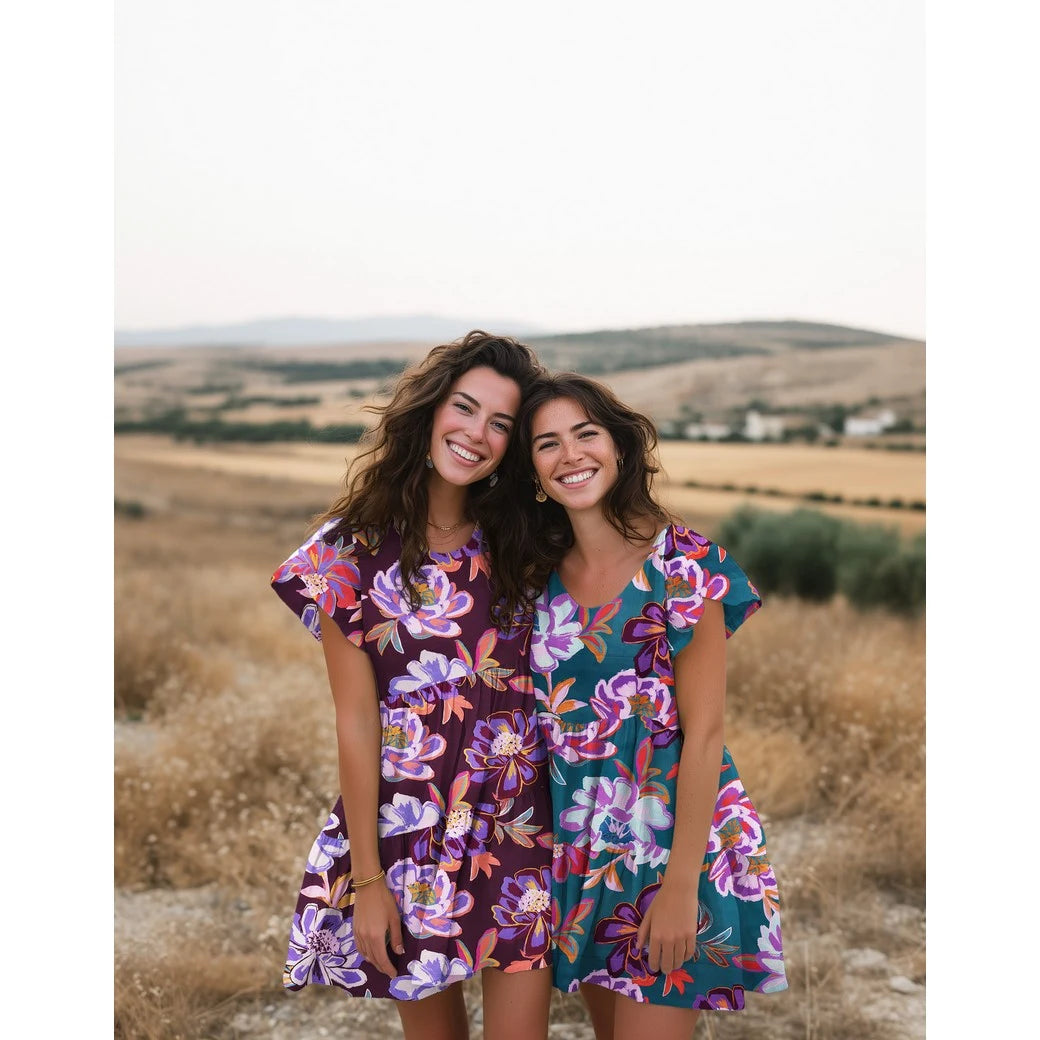 Robes cousues en satin de coton grandes fleurs violettes