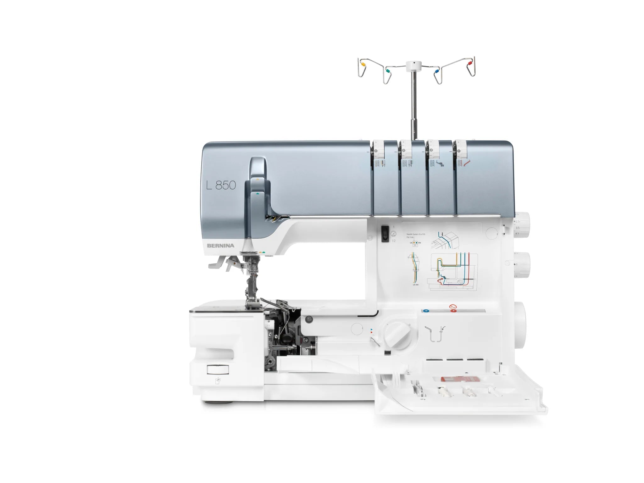 Surjeteuse BERNINA L 850 — vue de face, capot ouvert