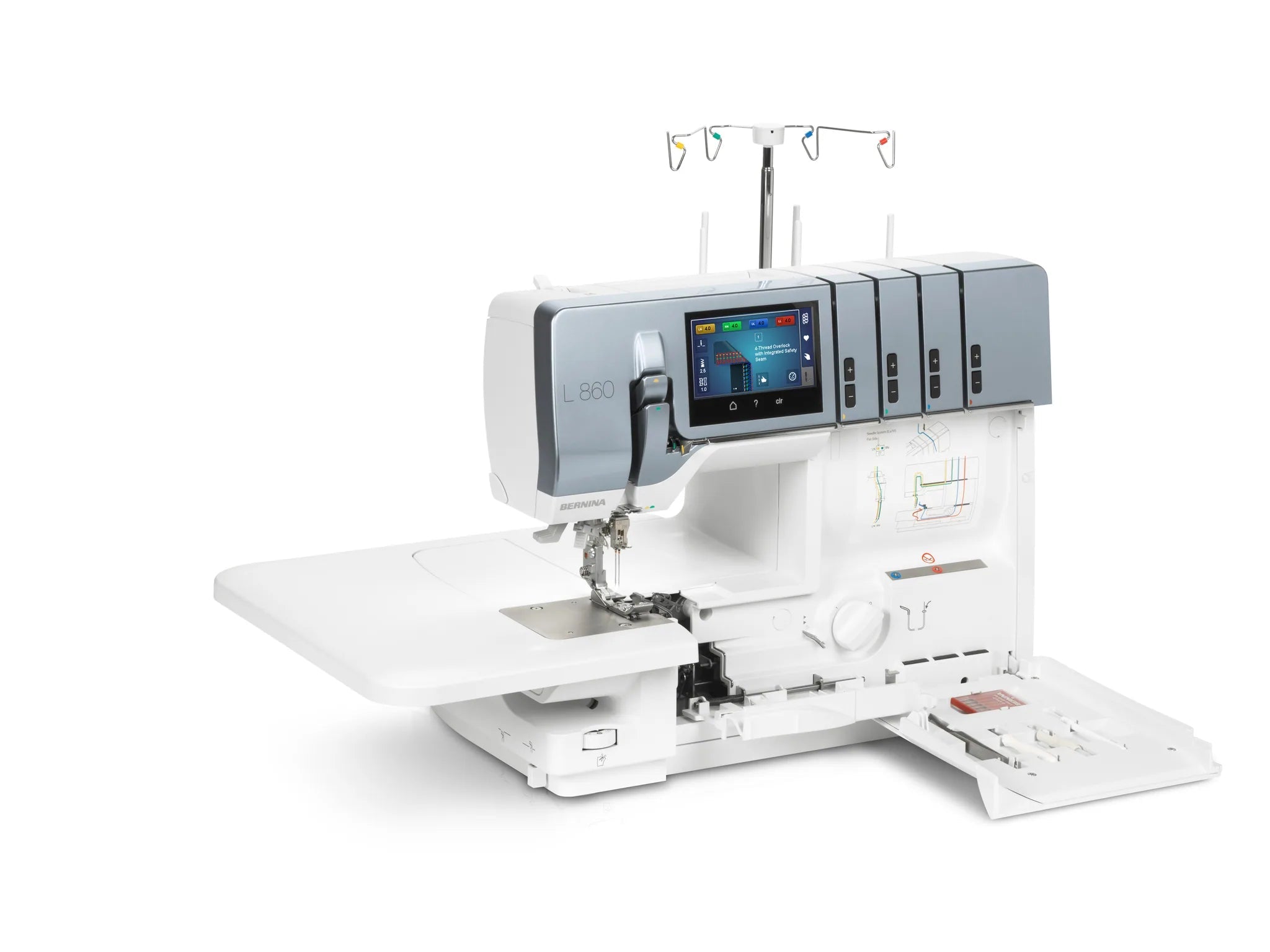 Surjeteuse BERNINA L 860 — vue trois quarts, avec table rallonge, capot ouvert