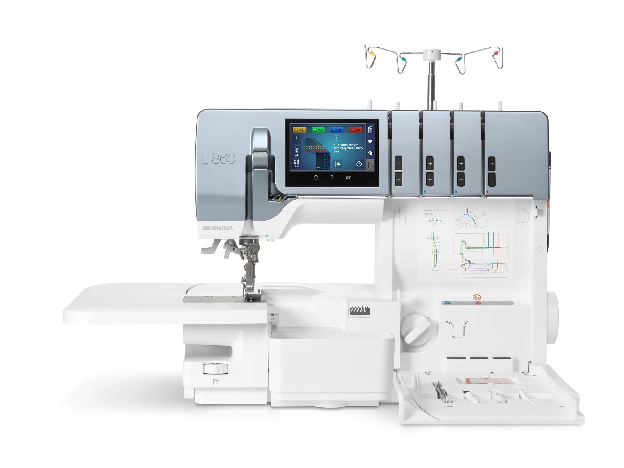 Surjeteuse BERNINA L 860 — vue de face, avec table rallonge, capot ouvert