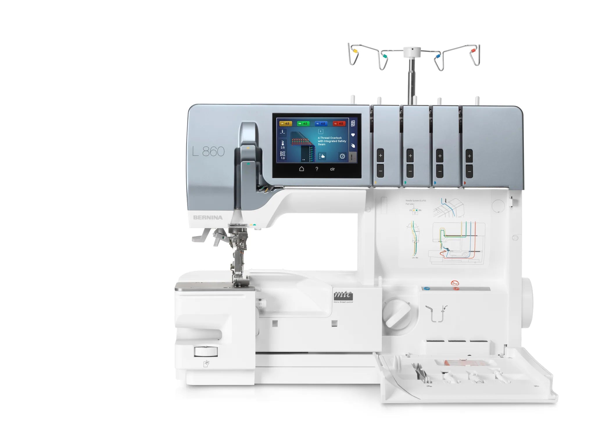 Surjeteuse BERNINA L 860 — vue de face, bras libre, capot ouvert