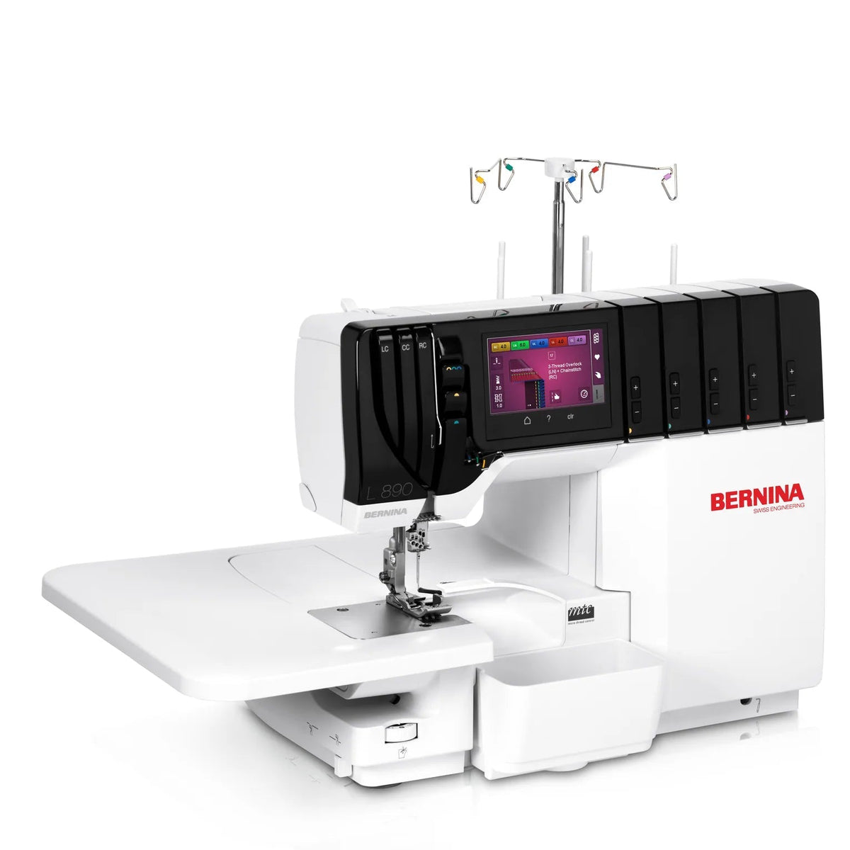 Surjeteuse-recouvreuse BERNINA L 890 — vue trois quarts, avec table rallonge, configuration recouvrement