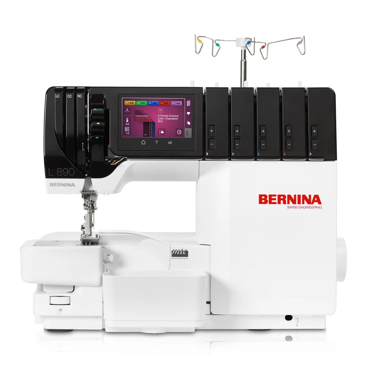 Surjeteuse-recouvreuse BERNINA L 890 — vue de face, avec table rallonge, configuration recouvrement
