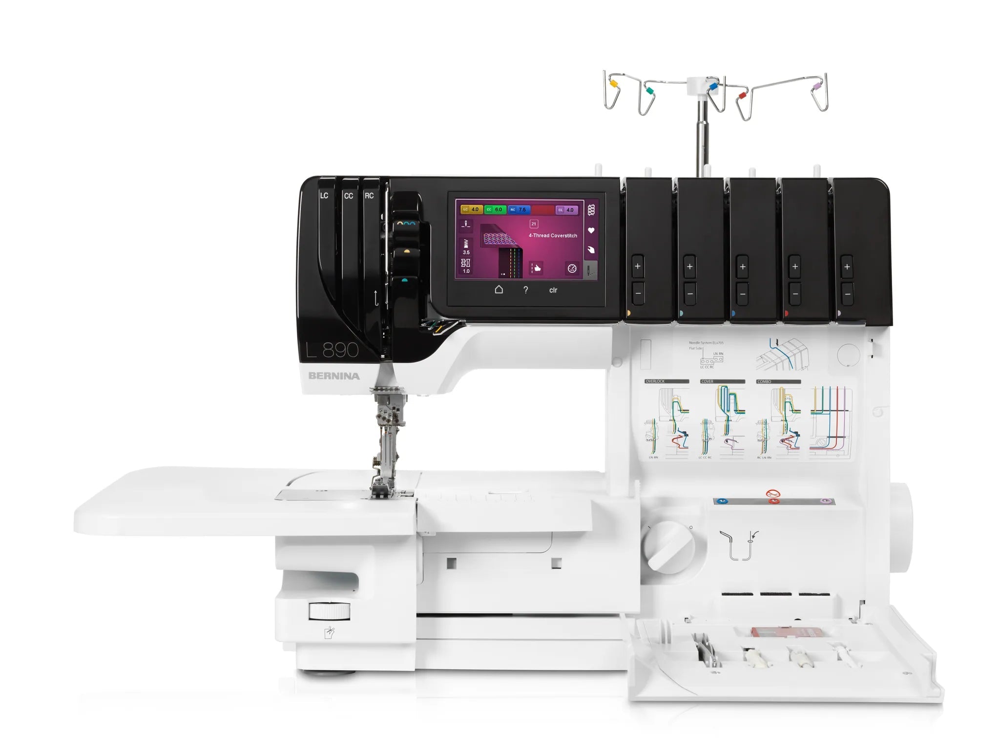 Surjeteuse-recouvreuse BERNINA L 890 — vue de face, avec table rallonge, capot ouvert