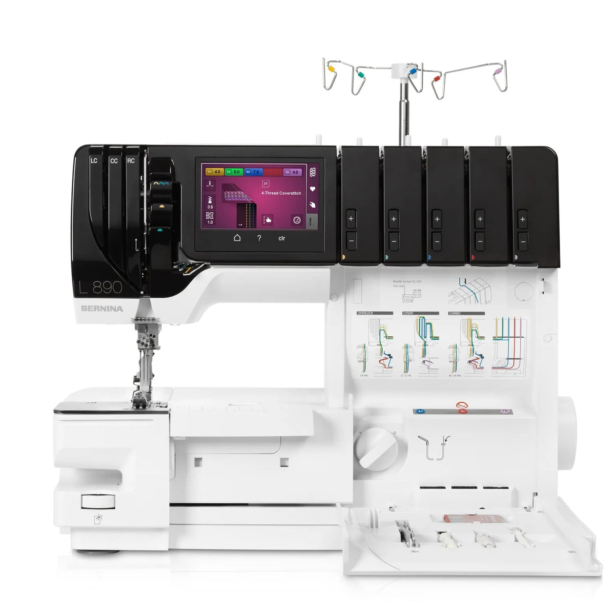 Surjeteuse-recouvreuse BERNINA L 890 — vue de face, bras libre, capot ouvert