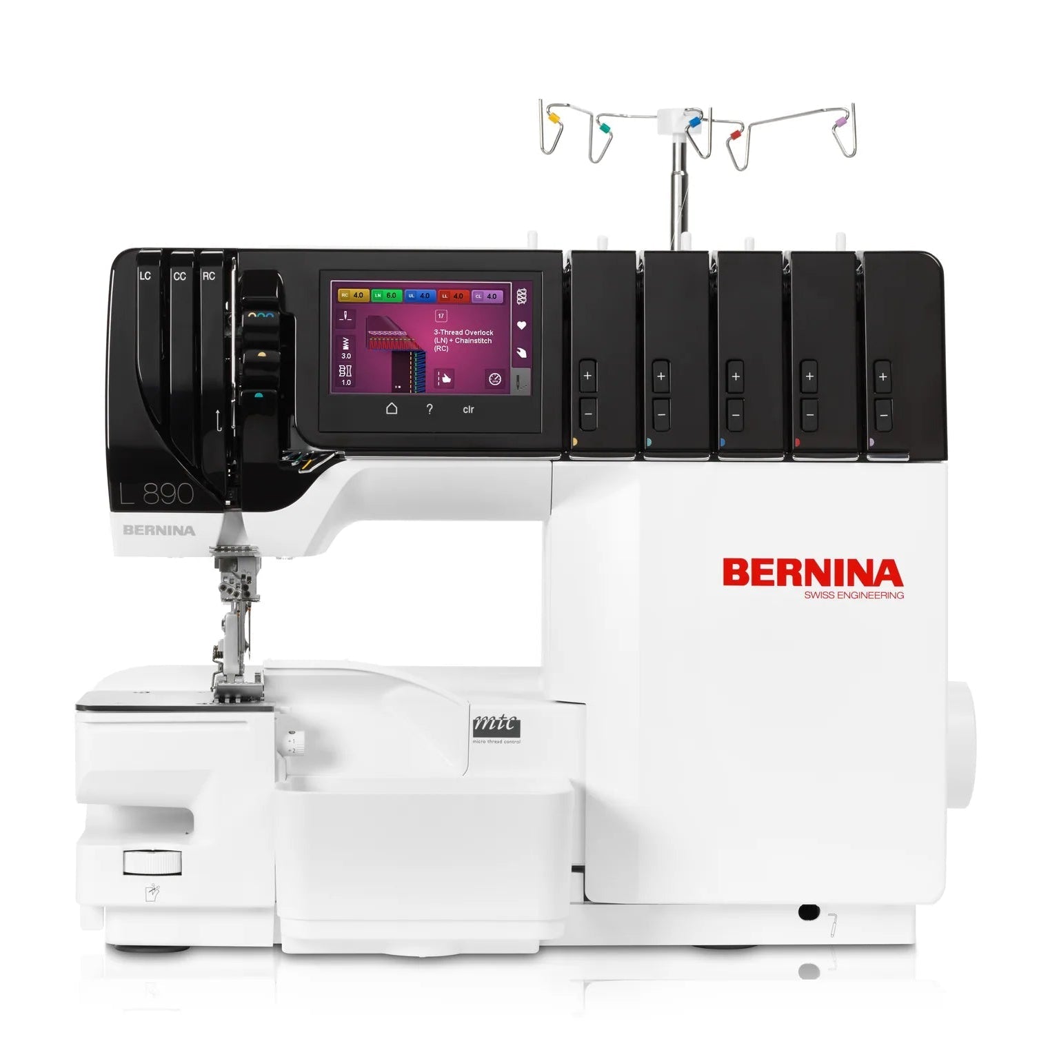 Surjeteuse-recouvreuse BERNINA L 890 — vue de face, bras libre, configuration recouvrement