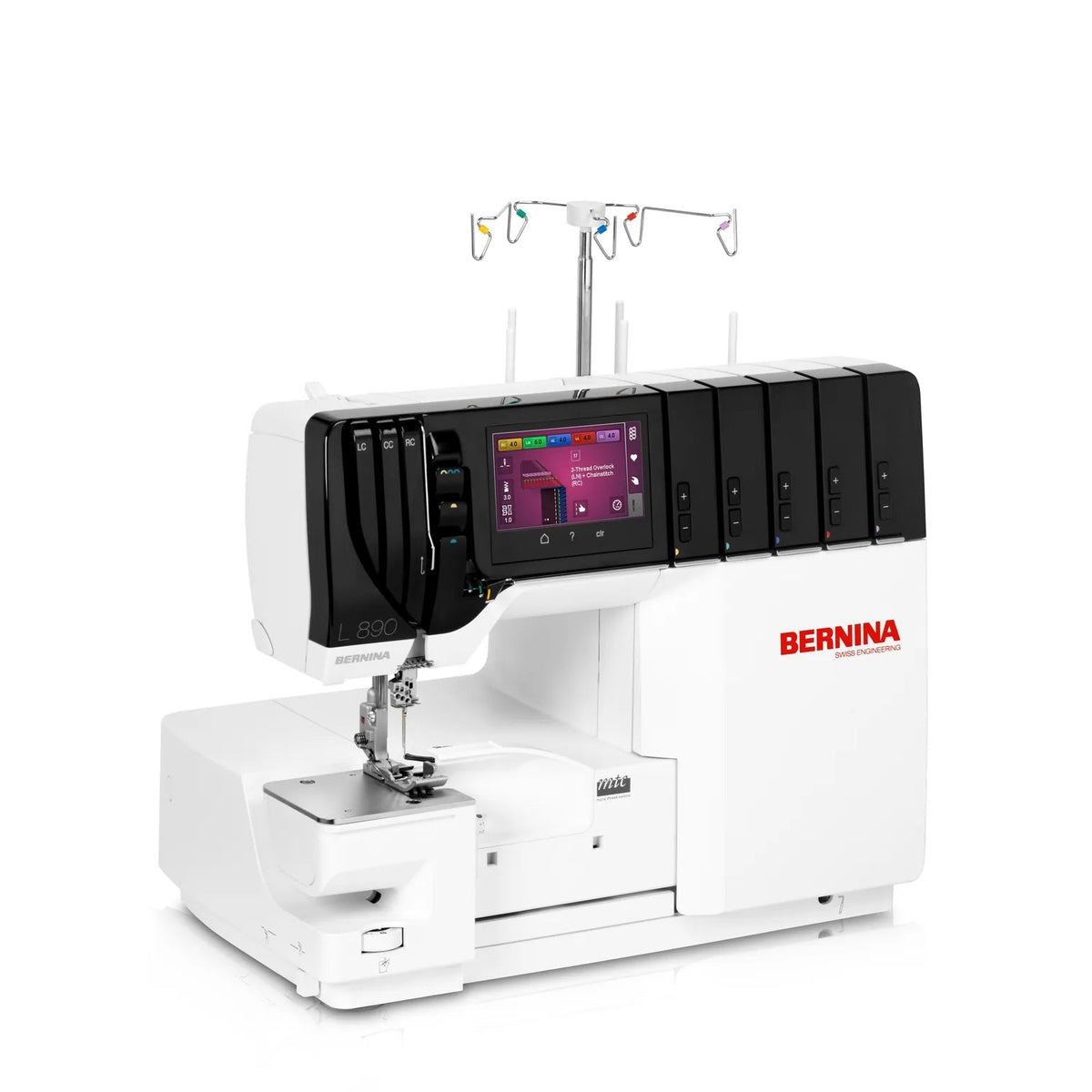 Surjeteuse-recouvreuse BERNINA L 890 — vue trois quarts, bras libre, configuration recouvrement
