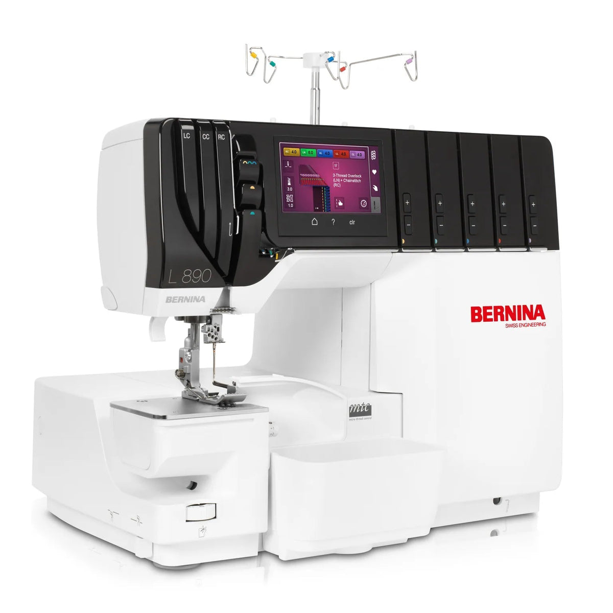 Surjeteuse-recouvreuse BERNINA L 890 — en atelier, bras libre, configuration recouvrement