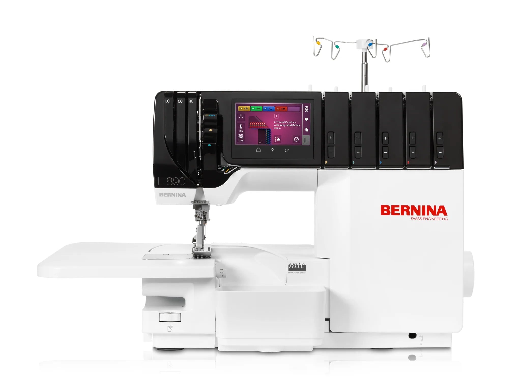 Surjeteuse-recouvreuse BERNINA L 890 — vue de face, avec table rallonge, surjet