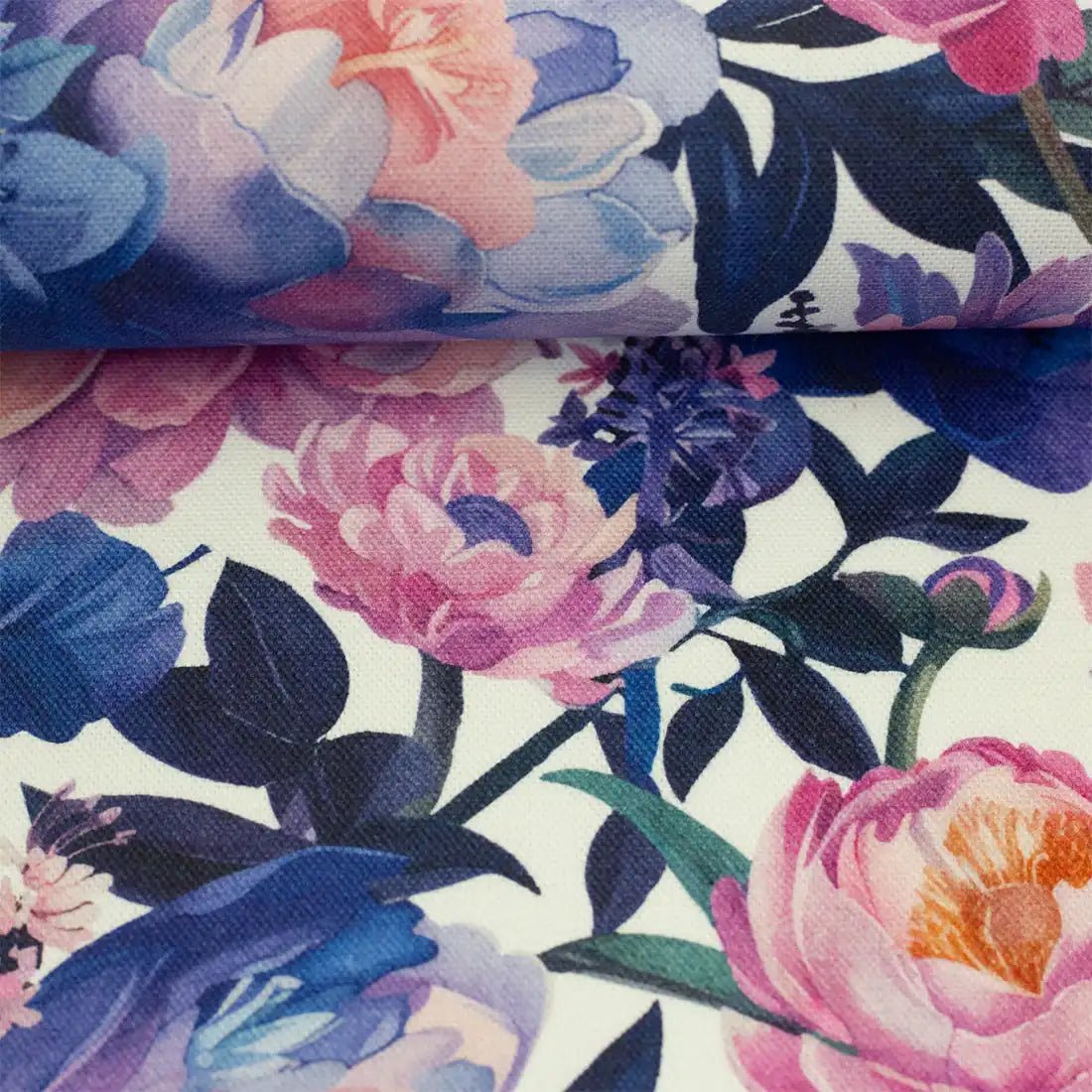Tissu Canva Coton Fleurs Romantiques Roses et Bleues