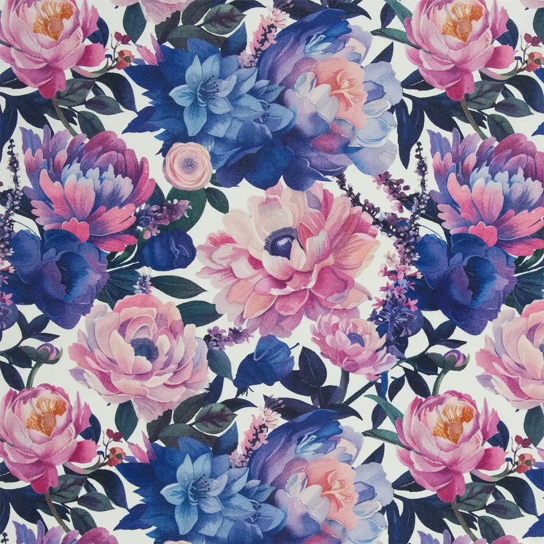 Tissu Canva Coton Fleurs Romantiques Roses et Bleues