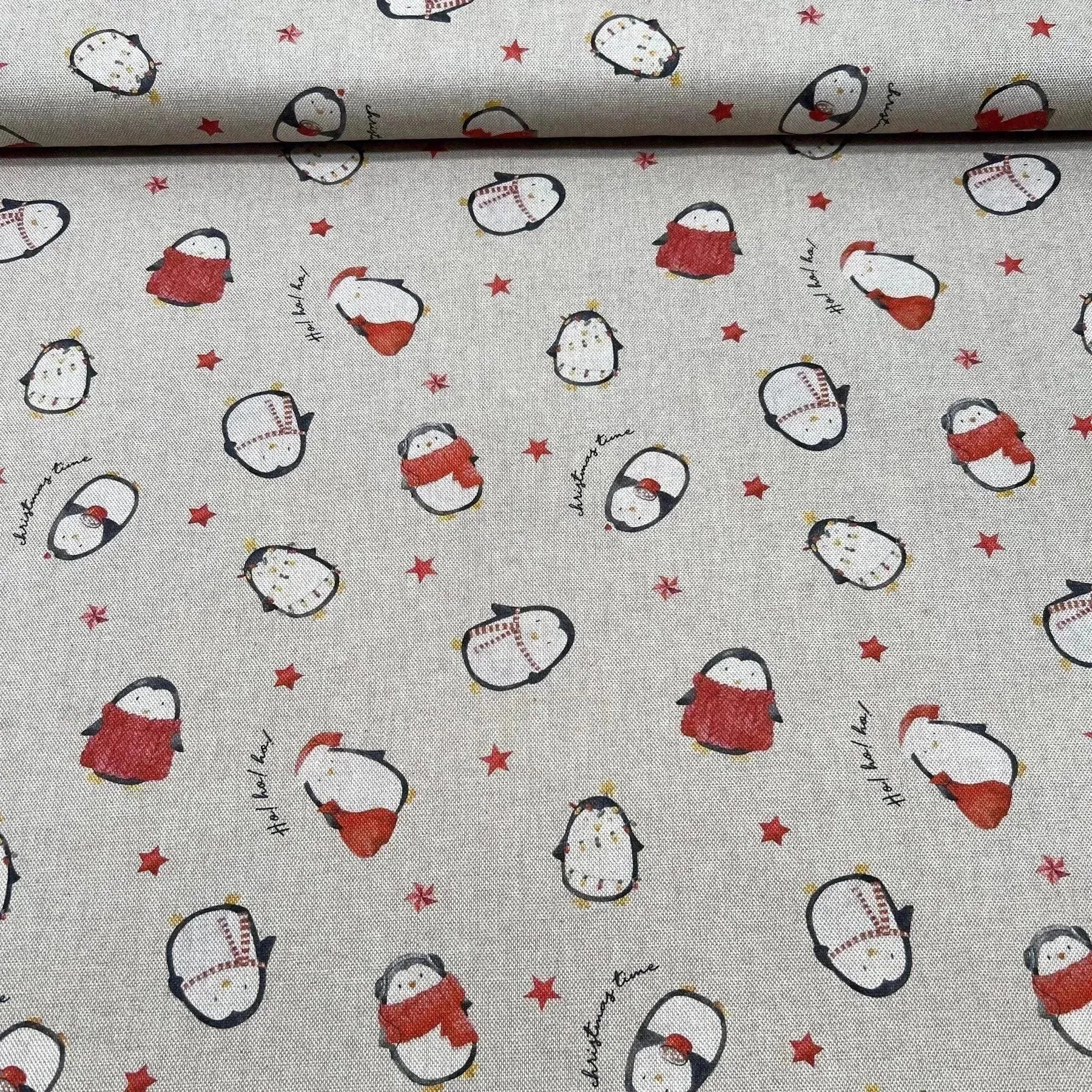 Tissu canvas coton bio pingouin de Noël