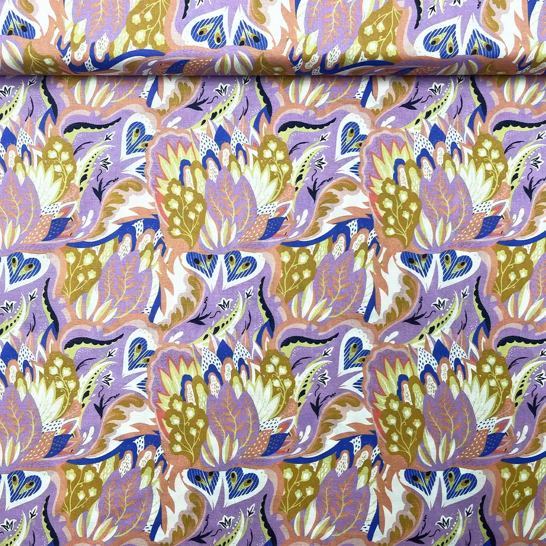 Tissu Liberty Coton – Motif Floral Graphique Violet et Ocre