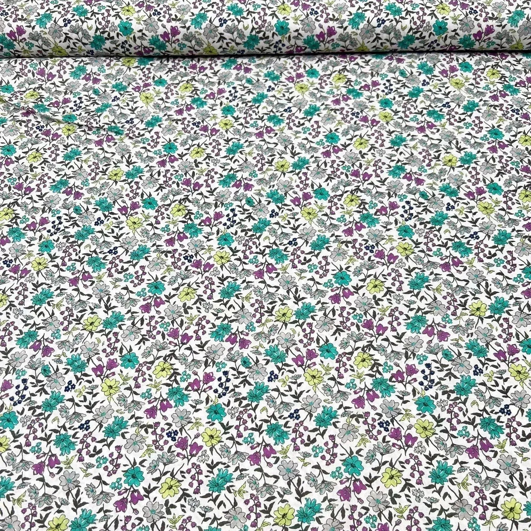 Tissu coton suisse style liberty fleurs pivoines turquoises
