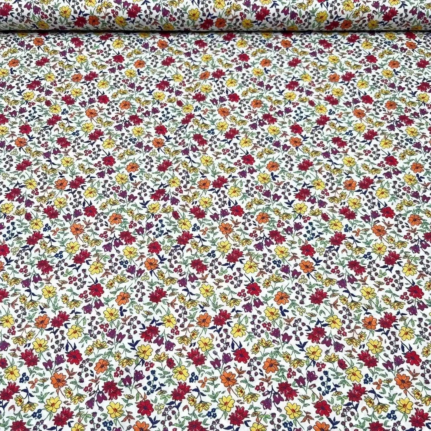 Tissu coton suisse style liberty pivoine rouge et ocre