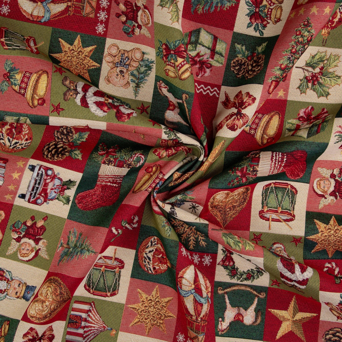 Tissu gobelin patchwork de Noël rouge et vert drapé
